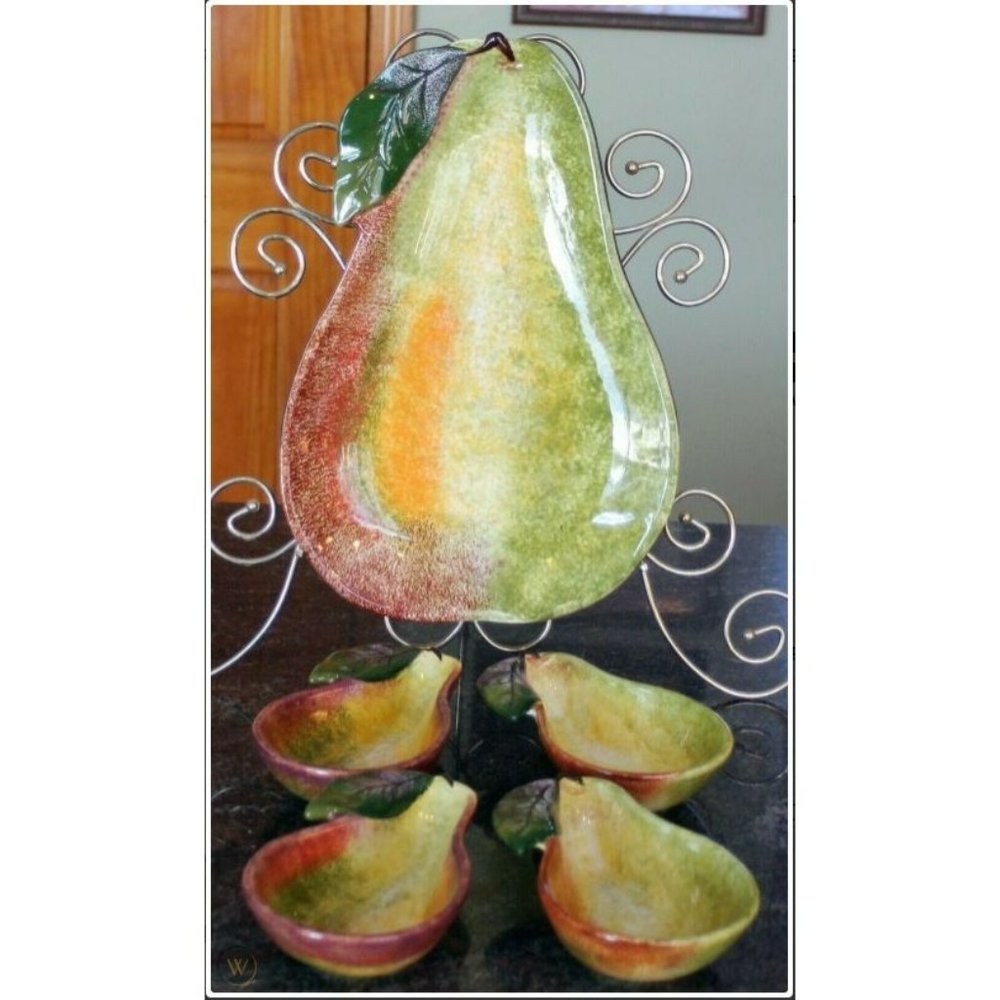 Clay Art 15" X 10" Hand Painted Pear Serving Platter & 4 Pear Bowls 7.5" X 4.75"